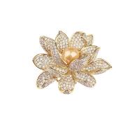 Cubic Zirconia Brooch, Brass, with Plastic Pearl, Lotus, real gold plated, micro pave cubic zirconia & for woman 