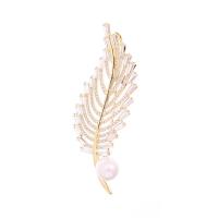 Cubic Zirconia Brooch, Brass, with Plastic Pearl, Leaf, real gold plated, micro pave cubic zirconia & for woman 