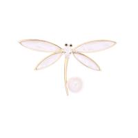 Shell Brooch, Brass, with White Shell & Plastic Pearl, Dragonfly, real gold plated, micro pave cubic zirconia & for woman 