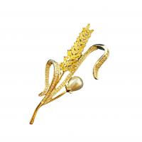 Cubic Zirconia Brooch, Brass, with Plastic Pearl, Wheat, real gold plated, Unisex & micro pave cubic zirconia 