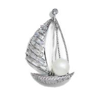 Cubic Zirconia Brooch, Brass, with Shell Pearl, Sail Boat, plated, Unisex & micro pave cubic zirconia & hollow 