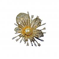 Broche de Circón, metal, con Perlas plásticas, Flor, chapado en oro real, unisexo & micro arcilla de zirconia cúbica, 46x42mm, 10PCs/Grupo, Vendido por Grupo