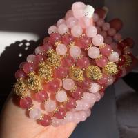 Bracelets quartz, quartz rose, avec laiton, Rond, Placage de couleur d'or, pour femme, rose, 7.5mm Environ 7.09 pouce, Vendu par PC