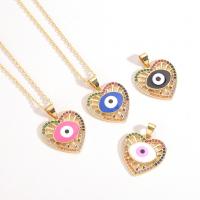 Cubic Zircon Micro Pave Brass Necklace, Heart, gold color plated, evil eye pattern & micro pave cubic zirconia & enamel .7 Inch 