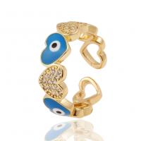 Brass Cuff Finger Ring, Heart, gold color plated, evil eye pattern & micro pave cubic zirconia & for woman & enamel 21mm 