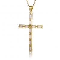 Cubic Zircon Micro Pave Brass Necklace, Cross, gold color plated, micro pave cubic zirconia & for woman, golden .7 Inch 