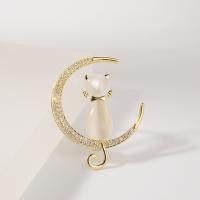 Cubic Zirconia Brooch, Brass, with Cats Eye, Moon, 14K gold plated, micro pave cubic zirconia & for woman 