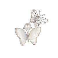 Brass Brooch, with White Shell & Plastic Pearl, Butterfly, platinum color plated, micro pave cubic zirconia & for woman & hollow 