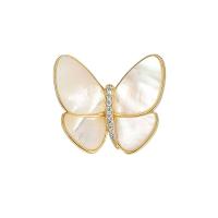 Brass Brooch, with Natural Seashell, Butterfly, 14K gold plated & micro pave cubic zirconia & for woman 