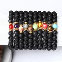 Gemstone Bracelets, Lava, with Natural Stone & Zinc Alloy, Round, gold color plated & Unisex 8mm .5 Inch 
