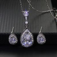 Cubic Zirconia Zinc Alloy Jewelry Sets, Stud Earring & necklace, with Cubic Zirconia, Teardrop, gun black plated, 2 pieces & for woman, white 
