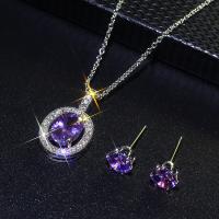 Cubic Zirconia Zinc Alloy Jewelry Sets, Stud Earring & necklace, with Cubic Zirconia, silver color plated, 2 pieces & for woman, purple 