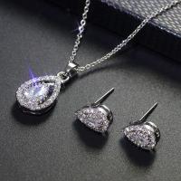 Cubic Zirconia Zinc Alloy Jewelry Sets, Stud Earring & necklace, with Cubic Zirconia, Teardrop, silver color plated, 2 pieces & for woman, white 