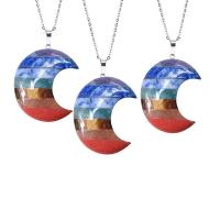 Gemstone Brass Pendants, with Korean Waxed Cord & Brass, Moon, silver color plated mixed colors, 30mm 