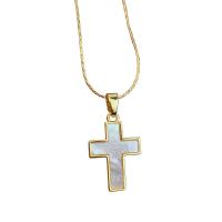 Shell Necklace, Brass, with White Shell, with 1.96 inch extender chain, Cross, gold color plated, for woman, golden .71 Inch 