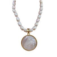 Shell Freshwater Pearl Necklace, with White Shell & Brass, with 1.96 inch extender chain, Round, gold color plated & for woman .71 Inch 