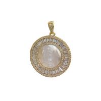 Brass Shell Pendants, with White Shell, Round, gold color plated, DIY & micro pave cubic zirconia nickel, lead & cadmium free, 26mm 