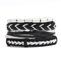 PU Leather Cord Bracelets, Cowhide, with Linen & PU Leather & Wax Cord & Wood, 4 pieces & Unisex, 6cm Approx 17-18 cm 