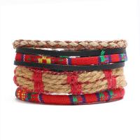 PU Leather Cord Bracelets, Cowhide, with Linen & Cloth & PU Leather & Wax Cord, 4 pieces & Unisex, 6cm Approx 17-18 cm 