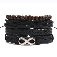 PU Leather Cord Bracelets, Cowhide, with Linen & PU Leather & Wax Cord & Wood & Zinc Alloy, 4 pieces & Unisex, 6cm Approx 17-18 cm 