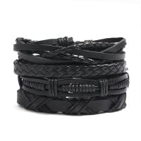 PU Leather Cord Bracelets, Cowhide, with PU Leather & Wax Cord, 4 pieces & Unisex, black, 6cm Approx 17-18 cm 