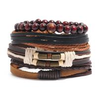 PU Leather Cord Bracelets, with Linen & Cowhide & Wax Cord & Wood, 4 pieces & Unisex, 6cm Approx 17-18 cm 