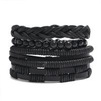 PU Leather Cord Bracelets, with Linen & Cowhide & Wax Cord & Wood, handmade, 4 pieces & Unisex, black, 6cm Approx 17-18 cm 