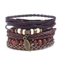 PU Leather Cord Bracelets, with Cowhide & Wax Cord & Wood & Iron, handmade, 4 pieces & Unisex, 6cm Approx 17-18 cm 