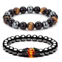 Gemstone Bracelets, Obsidian, with Tiger Eye & Zinc Alloy, Round, gun black plated, Unisex mixed colors, 8mm .3 Inch 