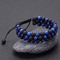 Gemstone Woven Ball Bracelets, Lapis Lazuli, with Knot Cord & Lava, handmade, three layers & fashion jewelry & Unisex, 6mm Approx 7.5-11.8 Inch 