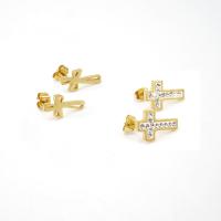 Stainless Steel Rhinestone Stud Earring, 304 Stainless Steel, Cross, 18K gold plated, fashion jewelry & for woman & with rhinestone, golden, 16*10mm,18*12mm 