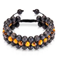 Gemstone Woven Ball Bracelets, Natural Stone, with Knot Cord & Lava & Tiger Eye, handmade, three layers & fashion jewelry & for woman, 8mm Approx 7.5-11.5 Inch 