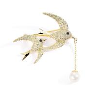 Brass Brooch, with Shell Pearl, swallow, plated, micro pave cubic zirconia & for woman 