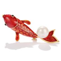 Plastic Pearl Brooch, Zinc Alloy, with Plastic Pearl, Fish, 18K gold plated, for woman & enamel & with rhinestone 