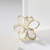 Brass Brooch, with White Shell & Plastic Pearl, Flower, 18K gold plated, for woman & enamel 