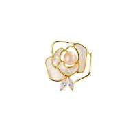 Freshwater Pearl Brooch, Brass, with White Shell & Freshwater Pearl, Flower, plated, micro pave cubic zirconia & for woman 