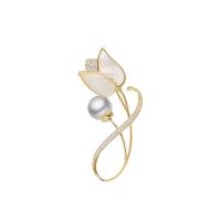 Brass Brooch, with Shell Pearl & White Shell, Flower, 18K gold plated, micro pave cubic zirconia & for woman & enamel 