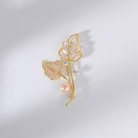 Freshwater Pearl Brooch, Brass, with Freshwater Pearl, Leaf, 18K gold plated, micro pave cubic zirconia & for woman 