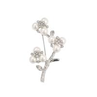 Cubic Zirconia Brooch, Brass, with Plastic Pearl, Plum Blossom, plated, micro pave cubic zirconia & for woman 