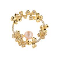 Freshwater Pearl Brooch, Brass, with Freshwater Pearl, Flower, 18K gold plated, micro pave cubic zirconia & for woman 