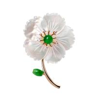 Zinc Alloy Brooch, with Green Calcedony & White Shell, Flower, 24K gold plated, micro pave cubic zirconia & for woman 