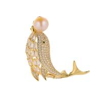 Freshwater Pearl Brooch, Brass, with Freshwater Pearl, Dolphin, 18K gold plated, micro pave cubic zirconia & for woman 