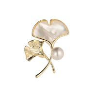 Brass Brooch, with Shell Pearl & White Shell, Ginkgo Leaf, plated, for woman 