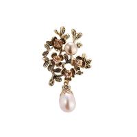 Zinc Alloy Brooch, with Shell Pearl, Flower, plated, for woman & with rhinestone 