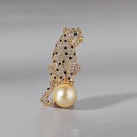 Brass Brooch, with Shell Pearl, Leopard, gold color plated, Unisex & micro pave cubic zirconia 