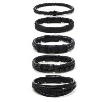 PU Leather Cord Bracelets, Cowhide, with PU Leather & Wax Cord & Silicone & Zinc Alloy, 5 pieces & Unisex, black Approx 21-22 cm 
