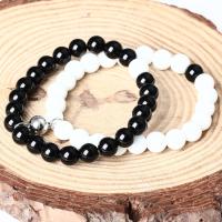 Gemstone Bracelets, Black Stone, with Magnet & White Chalcedony, Round, for couple, mixed colors, 8mm Approx 7.5 Inch, Approx 