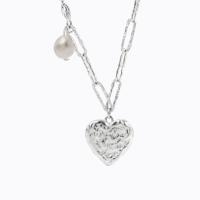 Freshwater Pearl Brass Necklace, with Freshwater Pearl, with 2.36 inch extender chain, Heart, silver color plated, fashion jewelry & for woman, silver color .32 Inch 