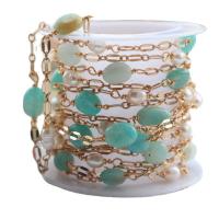 Brass Beading Chains, with ​Amazonite​ & Plastic Pearl, plated, ball chain, mixed colors, 2.5mm 