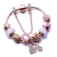 Zinc Alloy European Bracelets, with Crystal & Glass, rose gold color plated & snake chain & with rhinestone, rose gold color 